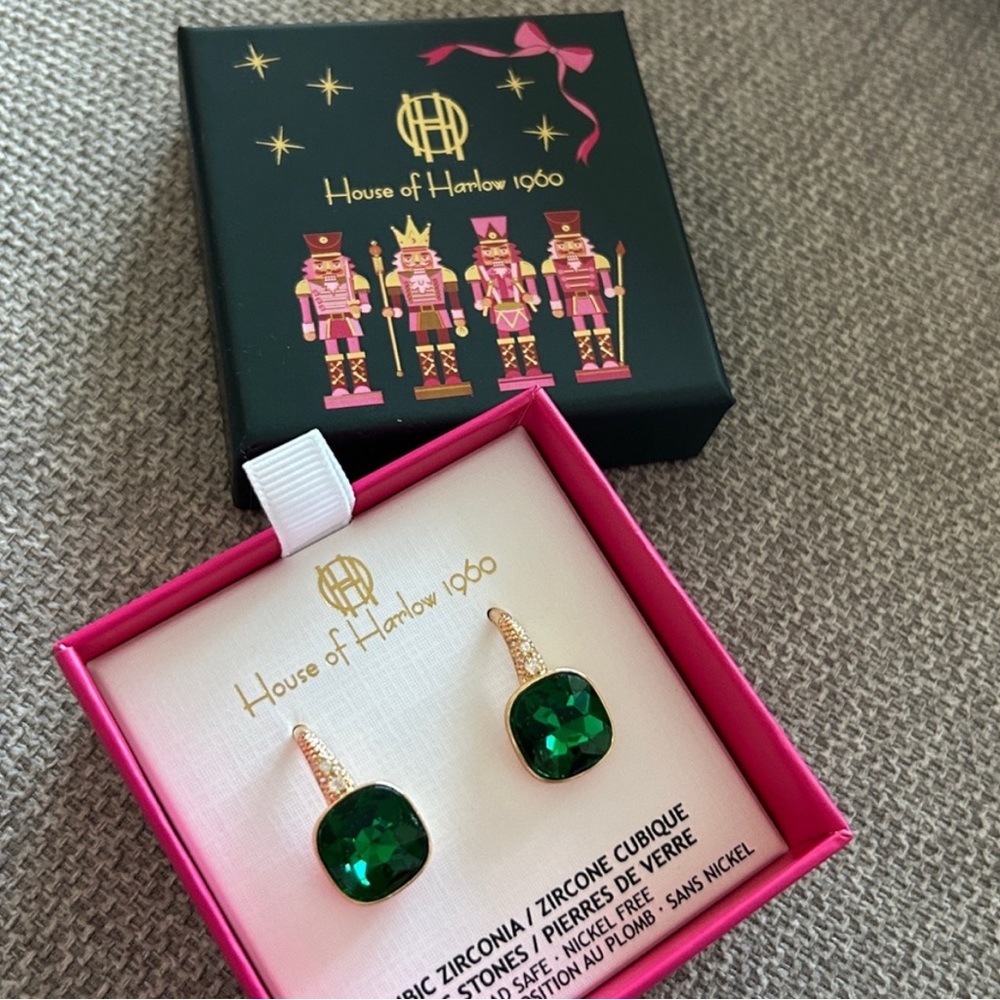 House of Harlow 1960 emerald green glass stone earrings